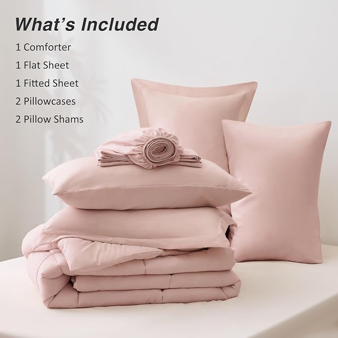 Love's cabin Full Comforter Set Blush Pink, 7 Pieces Full Bed in a Bag, All Season Bedding Sets with 1 Comforter, 1 Flat Sheet, 1 Fitted Sheet, 2 Pillowcase and 2 Pillow Sham