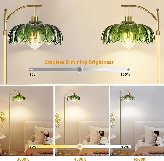 ZECOXOL Gold Floor Lamps for Living Room Vintage Green Floor Lamp with Remote Control & Glass Lampshape,Dimmable Mid Century Modern Standing Lamp Tall Flower Lamp Brass Floor lamp for Bedroom Corner