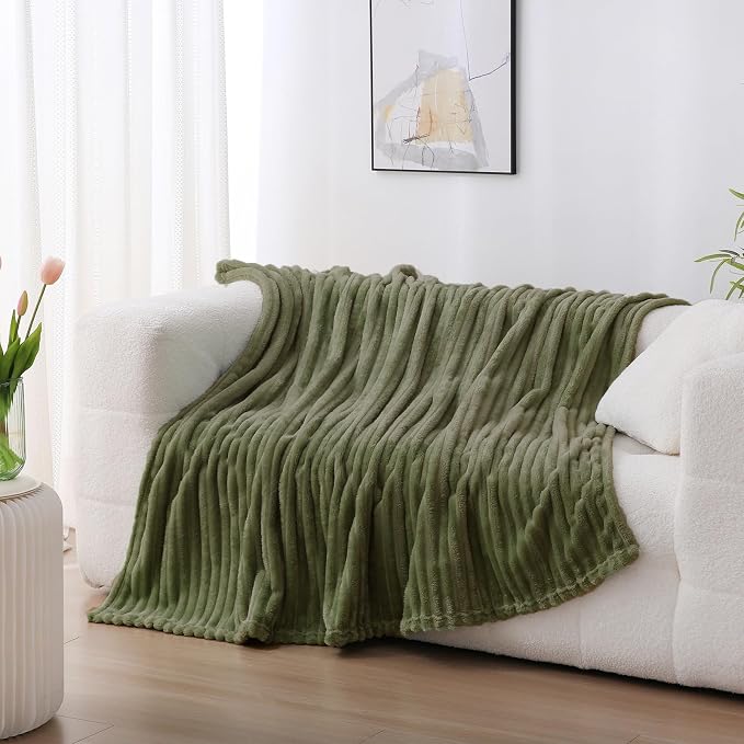 Olive Green Fleece Throw Blanket 50”×60” for Couch Sofa Livingroom | Super Soft Cozy Plush Microfiber Flannel Bed Blanket Striped Design Lightweight Home Decor Gifts for Adults Mom Women