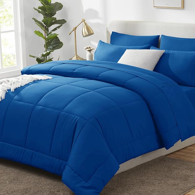 King Size Comforter Set Classic Blue - 7 Pieces Bed in a Bag | OEKO-TEX Certified, All-Season, Bedroom, Guest Room, Down-Alternative Comforter + Flat & Fitted Sheets + 4 Pillowcases