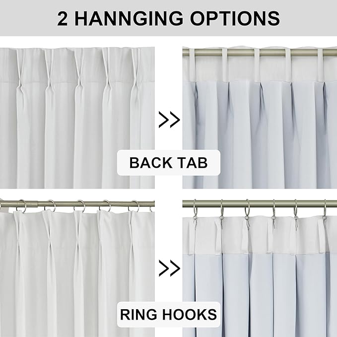 Vision Home White Pinch Pleated Full Blackout Curtains Thermal Insulated Window Curtains 108 inch for Living Room Bedroom Room Darkening Pinch Pleat Drapes with Hooks Back Tab 2 Panel 40" Wx108 L