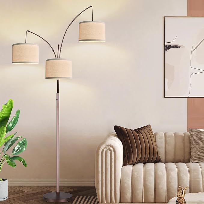 Dimmable Floor Lamp - 3 Lights Arc Floor Lamps for Living Room, 1000LM Modern Tall Standing Lamp With Beige Shades, Mid Century Tree Floor Lamp for Bedroom Office, 3 LED Bulbs Included - Brown