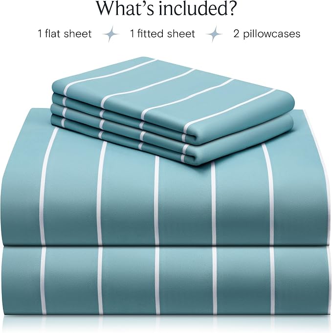 LuxClub 4 PC Queen Size Sheet Set Bed Sheets, Breathable Luxury, Deep Pockets 18" Wrinkle Free Cooling Machine Washable Hotel Bedding (Striped Light Blue) | LuxClub Silky Fitted Sheet & Pillowcase Sets, Breathable Hotel Luxury Bedding for Mattress Wrin...