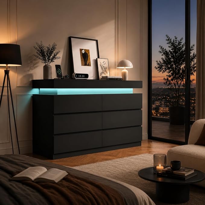 6 Drawer Dresser with LED Lights & Charging Station, Modern Floating Black Dresser for Bedroom, Smart Storage Chest with 2 AC Outlets & USB Ports for Living Room, Closet, Entryway