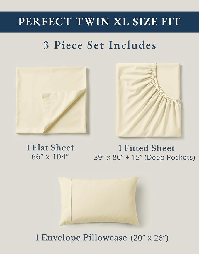 LANE LINEN Twin XL Bed Sheets 100% Organic Cotton 3pc Percale - Natural | Twin XL Sheet Set, 100% Organic Cotton Percale - Crisp Hotel-Style Feel, Soft From The First Wash, Crisp Cool Percale Weave