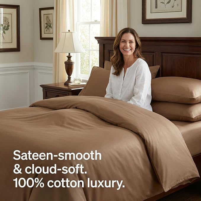 HeimenAogo Egyptian Cotton Duvet Cover King Size Sateen Weave, Silky Soft and Breathable Bedding Set with Zipper Closure, Long Staple Cotton Bed Linen Brown 3Pcs (104"×90")