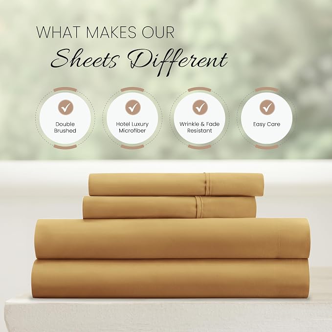 Linen Market Brushed Microfiber Twin XL Sheet Set 3 Piece – Oeko-TEX Certified Ultra Soft & Wrinkle-Free - 16" Deep Pocket Sheets - Easy Care Twin XL Size - Gold