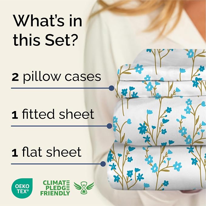 Queen 3 Piece Floral Sheet Set - Soft, Breathable & Cooling - Sea Spring | 1 Flat, 1 Fitted & 1 Pillowcase w/ Deep Pockets, Boho Botanical Floral Bedding, Breathable & Cooling, Wrinkle & Fade Free