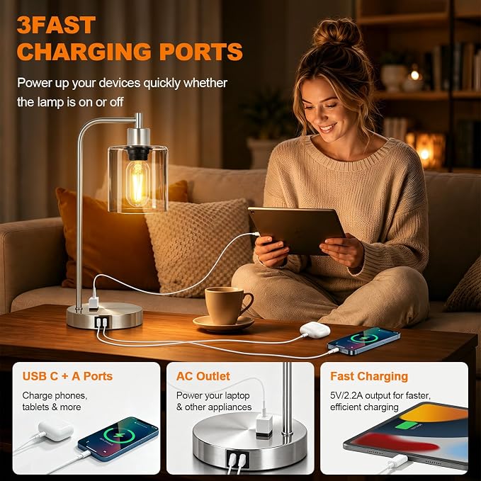 Industrial Touch Control Table Lamps Set of 2 - Brushed Nickel Nightstand Bedside Lamps with 2 USB Ports & AC Outlet, 3-Way Dimmable Desk Lamp for Bedroom Living Room, Glass Shade & LED Bulbs Included