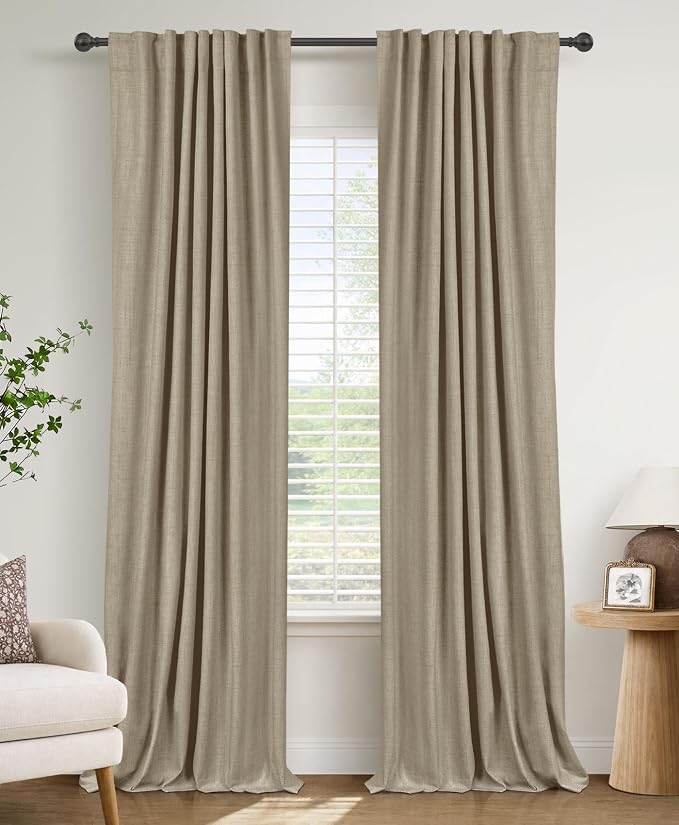 Faux Linen Total Blackout Curtains for Bedroom 108 Inches Long, Plaza Taupe | 100% Blackout Shield, Back Tab/Rod Pocket Living Room Drapes, Thermal Insulated Blackout Curtains 2 Panels Set, 50"W x 108"L