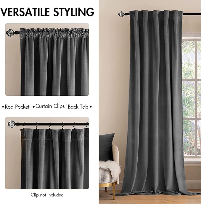 MIULEE Grey Velvet Curtains 52x84 inches 2 Panels Luxury Blackout Curtains | Thermal Insulated, Super Soft Window Drapes for Bedroom Living Room, Rod Pocket & Back Tab