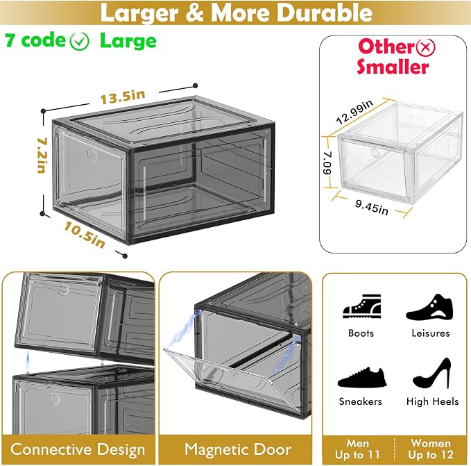 Large Thick Clear Shoe Organizer, Magnetic Door Stackable Shoe Storage Box | Foldable Shoe Storage Boxes for Sneakers & Boots, Space-Saving Closet Shoe Cabinet with Clear Magnetic Door, 9 Pack Black