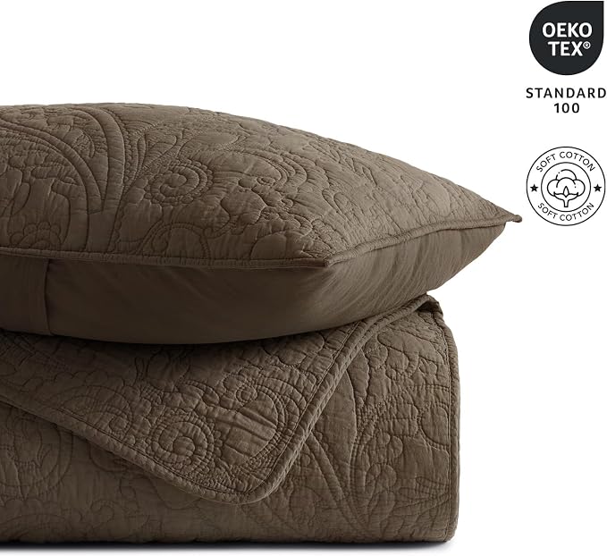 EVERGRACEHOME 100% Cotton Paisley Quilt Set, Queen Size, Cocoa Brown | Prewashed for Softness, Year-Round Breathability, Gift-Ready Box, Matelasse-style Quilted Coverlet, 3 Piece Set with 2 Shams