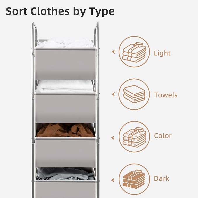 STORAGE MANIAC Vertical Rolling Laundry Hamper, 4 Section Laundry Sorter with Wheels and 2 Breaks, 4-tier Laundry Baskets for Small Space, Dorm, Laundry Room, Closet, Bathroom, Gray 4-tier