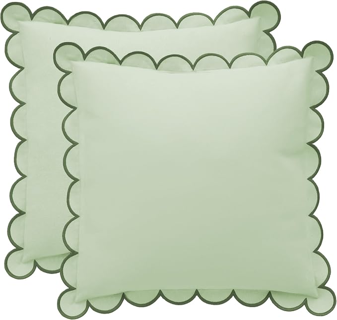 BEBE BASK Scalloped Pillow Cover Set of 2, 18x18, Cotton - Moss Green | 100% Cotton, Scallop Pillow Covers, Grandmillennial Style, 18 by 18 Inch, Easy to Care, Machine Washable, Scalloped Pillows