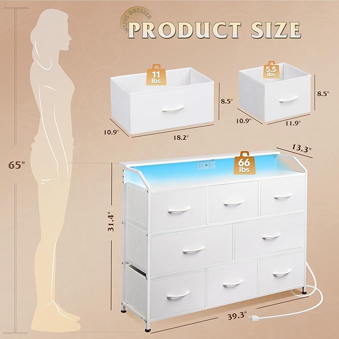 WLIVE Dresser for Bedroom, 8 Drawer LED Dresser with Outlet, White | 8 roomy fabric drawers, LED ambient lighting, Built-in power outlet, Bedroom or living room, Chest of drawers