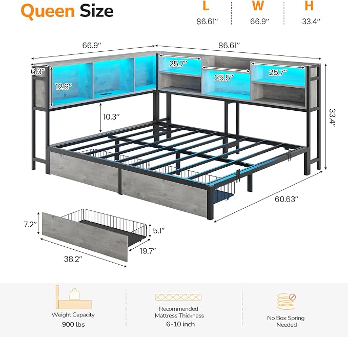 DICTAC Corner Queen Bed Frame with Storage Bookcase and 2 Drawers, Queen Size Corner Platform Bed Frame with LED Lights and Charging Station, Metal Daybed for Teens/Adult, Saving Space, Oak Gray