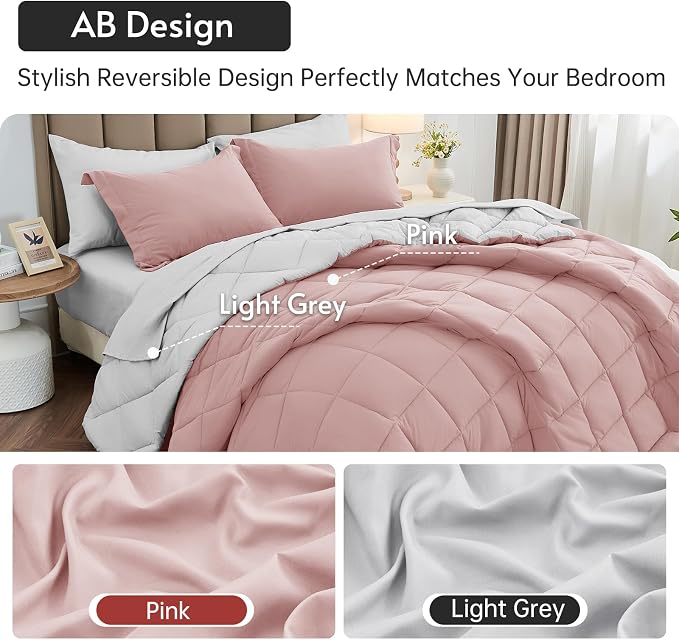 7 Pieces King Comforter Set, Reversible Bed in a Bag King Size, All Season Bedding Set with Comforter, Flat Sheet, Fitted Sheet, Pillowcases & Shams, Pink & Light Grey