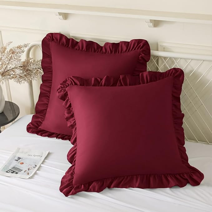 KKJIAF 2 Pack Ruffle Pillow Cases 26x26 Inches, Burgundy | Square Ruffled Pillow Covers, Microfiber Wrinkle Resistant Pillow Shams with Envelope Closure for Sofa Bed Living Room
