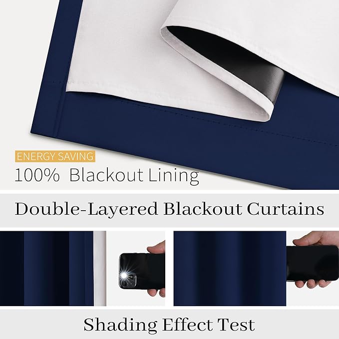 COSVIYA Navy Blue 100% Blackout Curtains for Bedroom with White Back | 2 Thick Layers Full Room Darkening Thermal Insulated Curtain,Grommet Window Drapes for Living Room, 52x72 Inch, 2 Panels