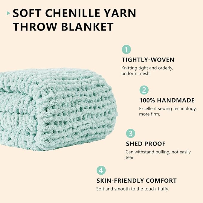 L'AGRATY Chunky Knit Throw Blanket for Couch, 50 x 60 Inches, Mint Green | Handmade Chenille Crochet Blanket for Sofa Bed, Thick Cable Knitted Blankets for Room Home Decor, Birthday Gift for Women Mom