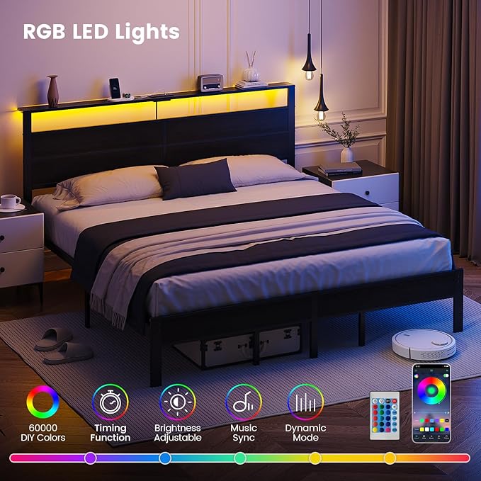 King Size Bed Frame with LED Lights and Charging Station | Black Metal Platform Bed with Wood StorageHeadboard, Sturdy Slats, No Box Spring Needed, Noise Free, Easy Assembly