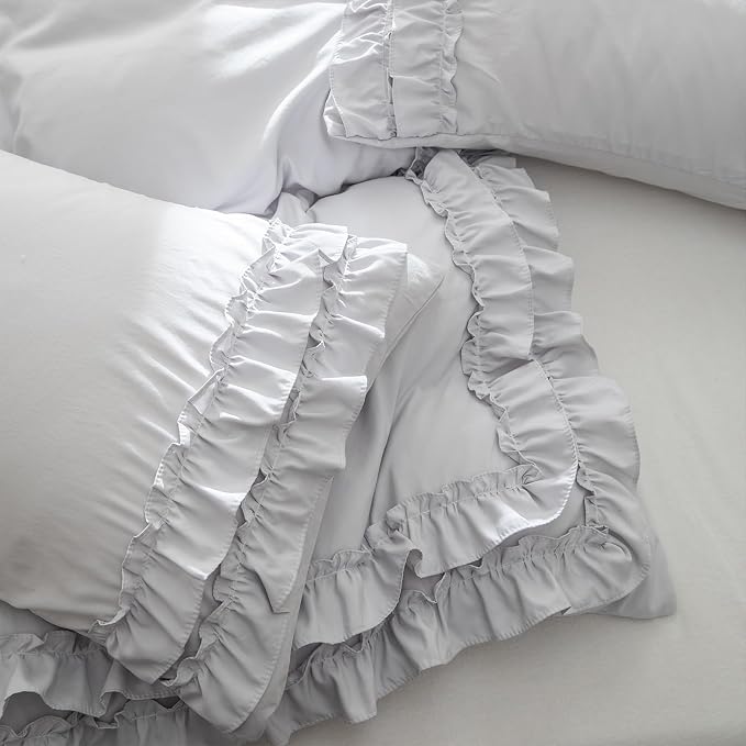 Bedorm Gray Duvet Cover Set King Ruffle Bedding Set Pleat Ruffled Shabby Chic Comforter Cover Extra Soft & Easy Care Gray Boho Duvet Cover with Zipper Closure