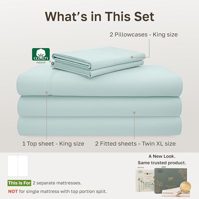 California Design Den 600 Thread Count Split King Sheet Set, 5 Pcs, Aqua | 100% Cotton Sateen, Good Housekeeping Seal, Split King Sheets Sets for Adjustable Bed with 2 Separate Twin-XL Mattresses