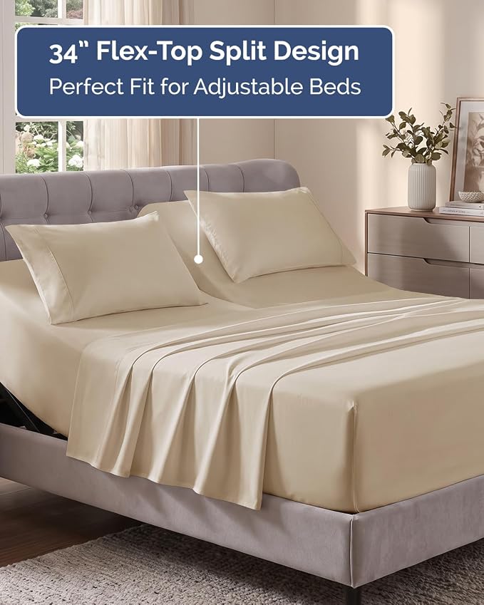 Flex Top Split Head King Sheet Set - 4 Piece Extra Deep Sheets - Wheat | Easily Fits 18 to 24 inch Mattress, Ultra Soft, Wrinkle & Fade Free with Extra Deep Pockets, Comfy Hotel Luxury Bedding