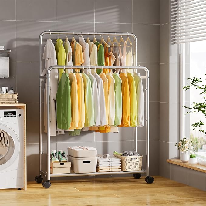 Simple Trending Clothing Clothes Rack, Double Rod Garment Rack, Silver | Portable Closet with Bottom Shelf, Anti-Slip Stoppers, 360° Lockable Wheels, Multiple Uses, Bedroom, Laundry Room