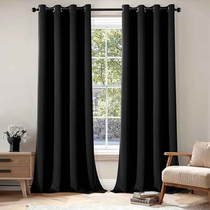 MIULEE Black Blackout Bedroom Curtains Drapes 96 Inch Long 52"x96" | Grommet Top, Room Darkening Window Drapes, Privacy Protection, Thermal Insulated, Heat Blocking, Light Blocking