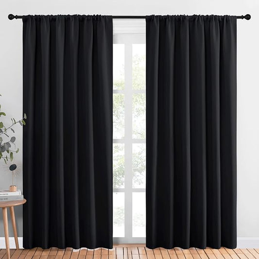 NICETOWN Black Blackout Curtains for Bedroom 70" Wide x 84" Long 2 Panels | Solid Thermal Insulated Window Treatment Blinds Drapes for Living Room, Light Blocking Room Darkening Noise Reducing Decor