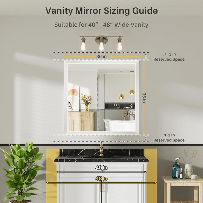 Bathroom Wall Mirror, White Metal Frame, 36x36 Inch | Anti-rust, HD tempered glass, for bathroom vanity, bedroom, living room, horizontal or vertical mount