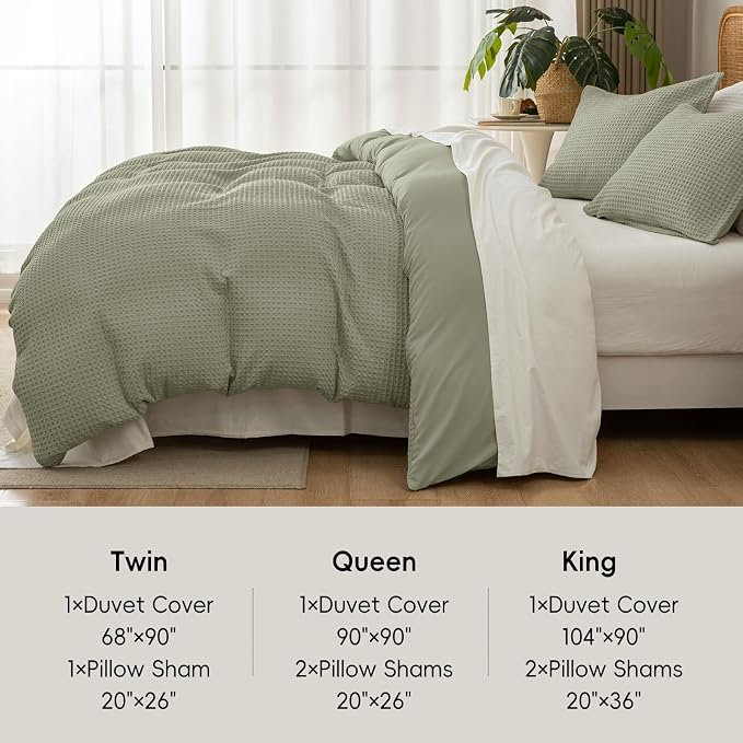 David's Home Textured Waffle Weave Duvet Cover Set, Queen Size, Dusty Sage | Breathable Cozy for All Season, 300GSM, 3PCS Home Bedding Decor, OEKO-TEX Certified, Hidden Zipper, 8 Corner Ties, 90" X 90"