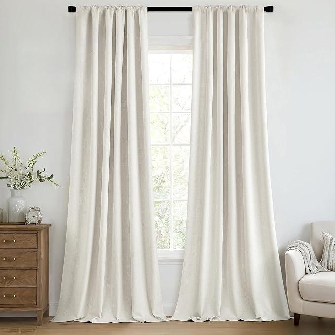 MIULEE 100% Blackout Back Tab Pleat Linen Curtains 50" Wx102 L,Ivory | 2 Panels,Thick Faux Linen,Textured Drapes,with Hooks,for Bedroom Living Room,Black Out,Room Darkening