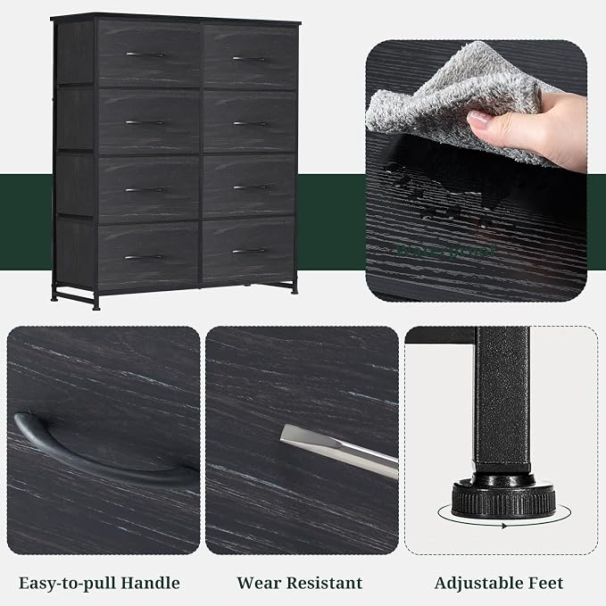 8-Drawer Dresser for Bedroom, Anti-Tip Tall Storage Organizer | Chest of Drawers with Wooden Top and Metal Frame Fabric Bins for Closet, Living Room, Hallway, Entryway, Charcoal Black
