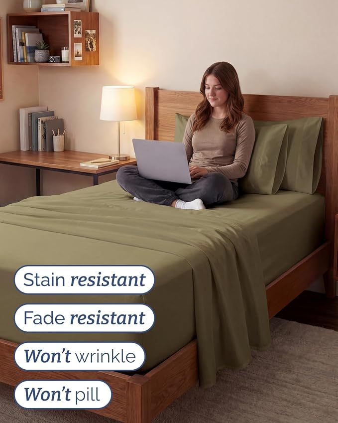 Extra Deep Twin XL Sheet Set - 4 Piece College Dorm Room - Khaki | College Dorm Room Essentials, Easy & Secure Fit, Ultra-Soft, Wrinkle & Fade Free, Comfy Sheets Set with Extra Deep Pockets