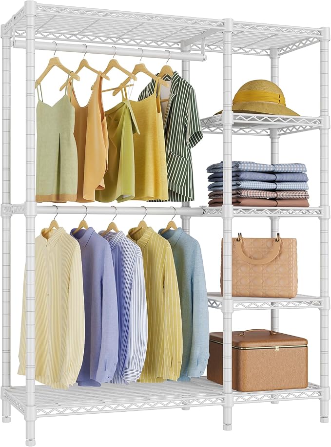 VIPEK V7 Clothing Rack with Shelves Heavy duty Closet for Hanging Clothes | 5 Tiers Adjustable Wire Shelving, Double Hanging Rods, 670lbs Metal Closet System, Space-Saving Storage for Bedroom,White