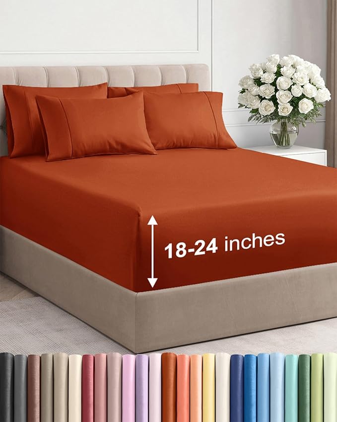 Extra Deep Queen Sheet Set - 6 Piece Breathable Cooling Sheets - Terracotta | Hotel Luxury Bed Sheets Set, Easy & Secure Fit, Ultra-Soft, Wrinkle & Fade Free, Comfy Sheets Set with Extra Deep Pockets