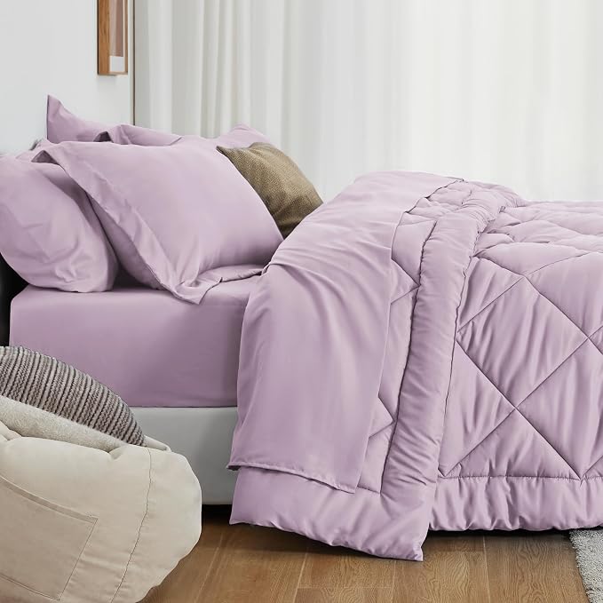 Love's cabin Twin XL Comforter Set Light Purple, 5 Pieces Twin XL Bed in a Bag, All Season Bedding Sets with 1 Comforter, 1 Flat Sheet, 1 Fitted Sheet, 1 Pillowcase and 1 Pillow Sham