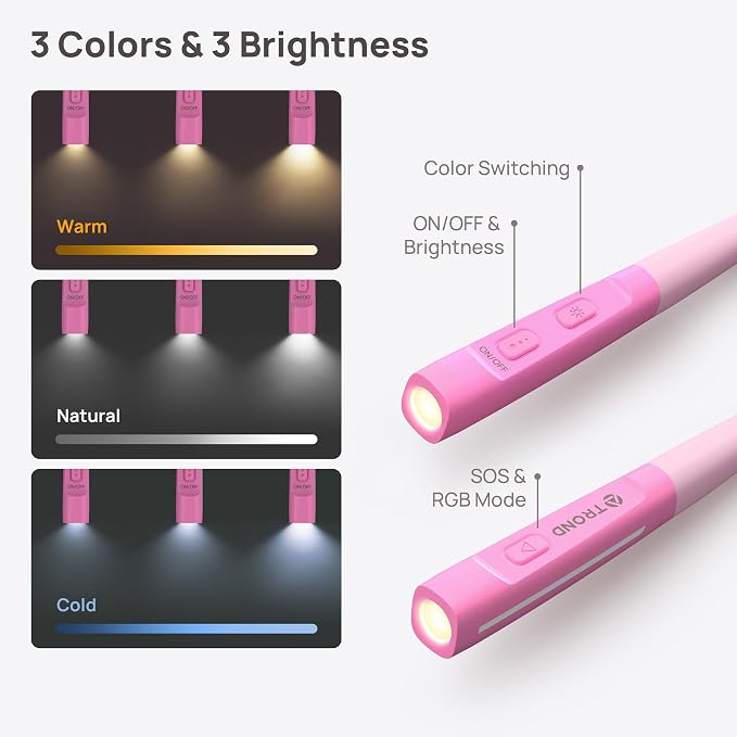 TROND LED Neck Reading Light, Bendable Neck Light for Reading, USB-C, Pink | 3 Color 3 Brightness Book Light for Reading, Flexible Arm with Outdoor Warning Lamp, Eye-Caring for Crochet,Book Lovers Gifts