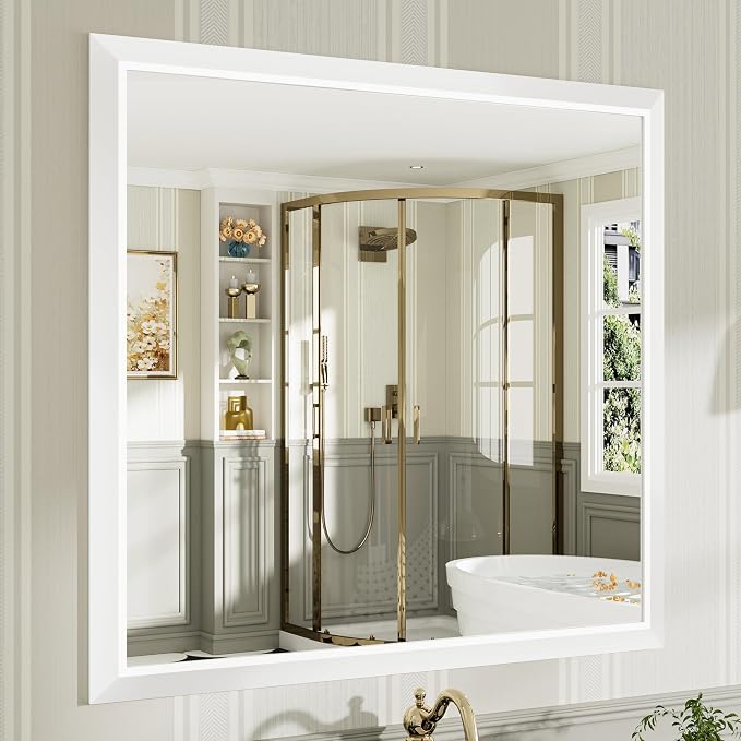 Bathroom Wall Mirror, White Metal Frame, 40x38 Inch | Anti-rust, HD tempered glass, for bathroom vanity, bedroom, living room, horizontal or vertical mount