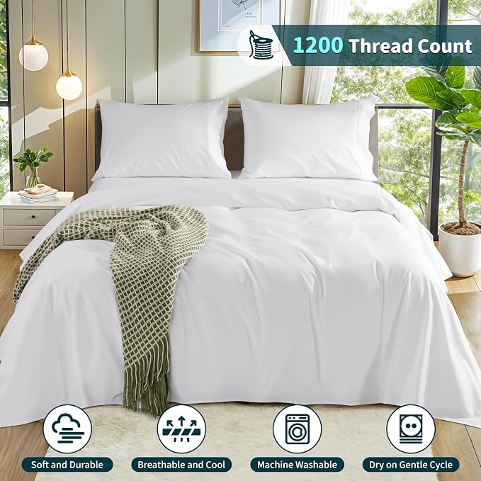 LBRO2M 100% Egyptian Cotton Sheets 1200 TC, Deep Pocket 16", 4Pcs, Queen | Long Staple Cotton Bed Sheets, Extra Soft and Breathable Sheets, Cozy for All Seasons, White
