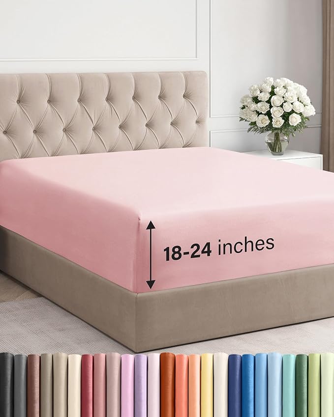 Extra Deep Queen Fitted Sheet - Single Fitted Sheet Only - Baby Pink | Easily Fits 18 inch to 24 inch Mattress, Soft, Wrinkle Free, Breathable & Comfy, Extra Deep Pockets Hotel Luxury Fitted Sheet