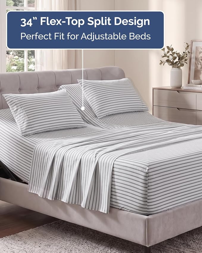 Flex Top Split Head King Sheet Set - 4 Piece Extra Deep - Grey Stripes 2 | Easily Fits 18 to 24 inch Mattress, Ultra Soft, Wrinkle & Fade Free with Extra Deep Pockets, Comfy Hotel Luxury Bedding