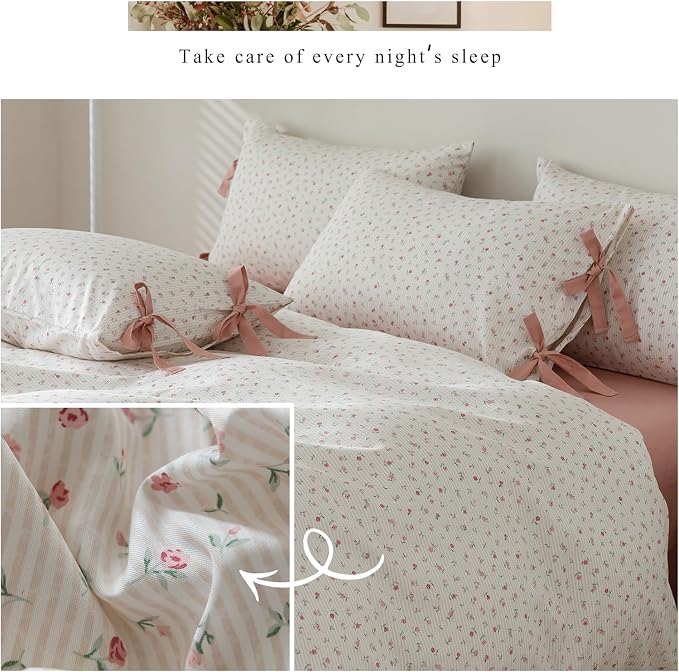 mixinni White Flower Pattern Duvet Cover Full Pink Floral Stripes Duvet Cover Set 100% Cotton Bedding Set with Zipper Ties Bow Tie Pillowcases, Easy Care, Ultra Soft and Breathable-Full Size