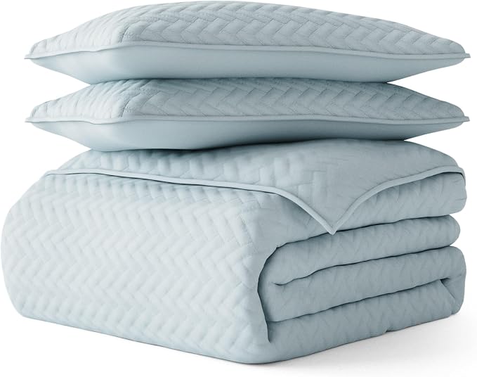 Merit Linens Classic Quilt Coverlet Soft Set in Herringbone Stitching - Full/Queen Pale Blue