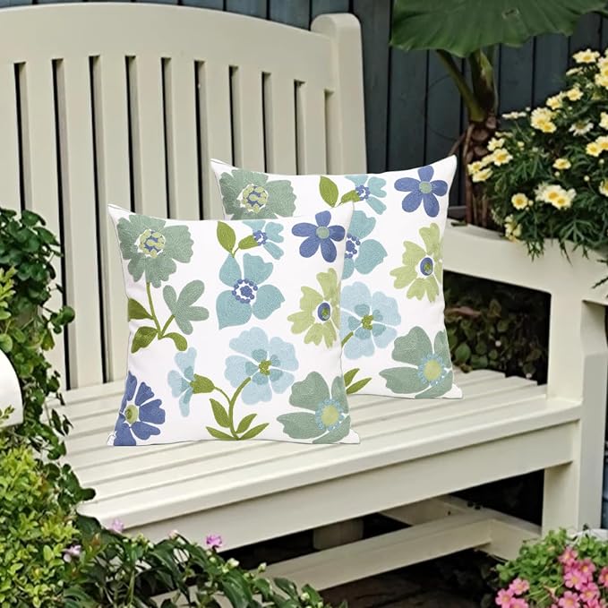 Pack of 2 Embroidered Decorative Throw Pillow Cover 18x18 Inch Farmhouse Floral Pillowcase for Living Room Sofa Bed (Grass Flower)
