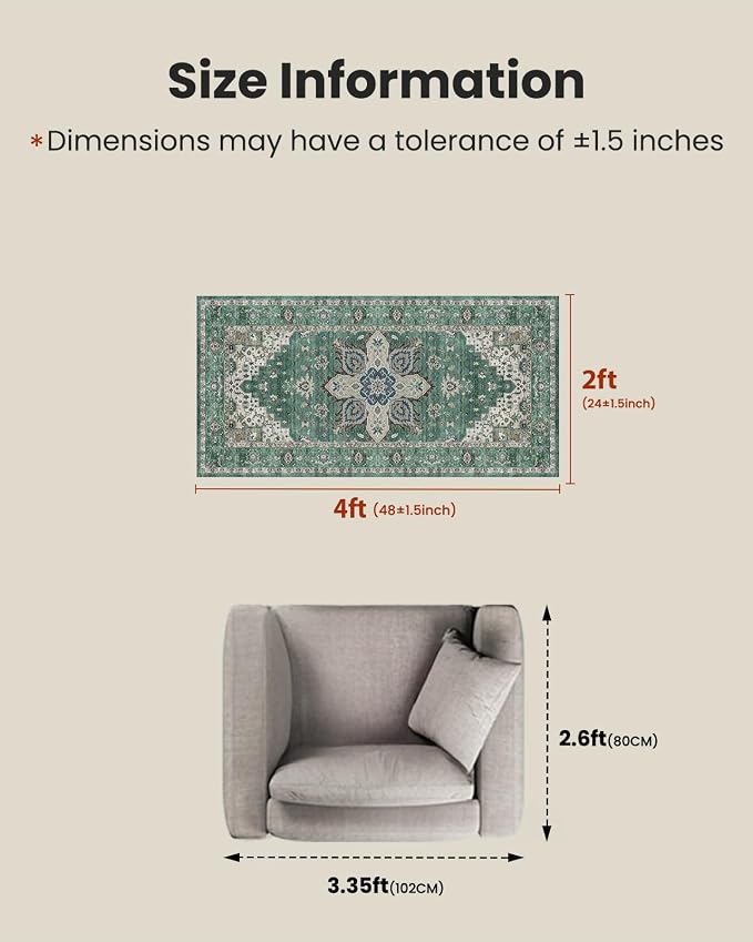 AMADA HOMEFURNISHING 2x4 Washable Area Rug, Low-Profile Entryway Rug with Non-Slip Backing & Durable Edge Binding, Vintage Rug Pattern, Small Rugs for Entryway, Kitchen & Living Room