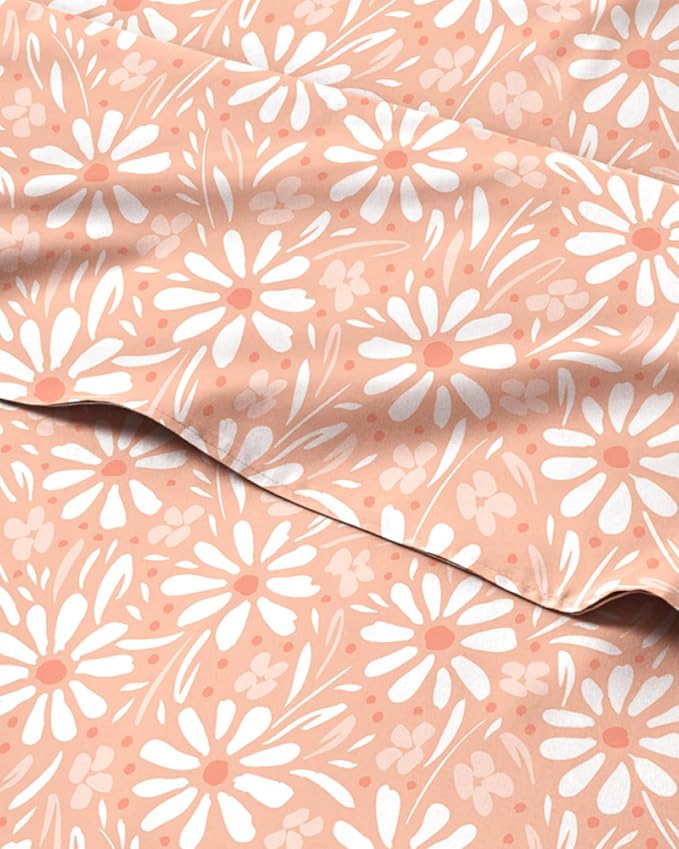 Full 4 Piece Floral Sheet Set - Soft, Breathable & Cooling - Blush Daisies | 1 Flat, 1 Fitted & 2 Pillowcases w/ Deep Pockets, Boho Botanical Floral Bedding, Breathable & Cooling, Wrinkle & Fade Free